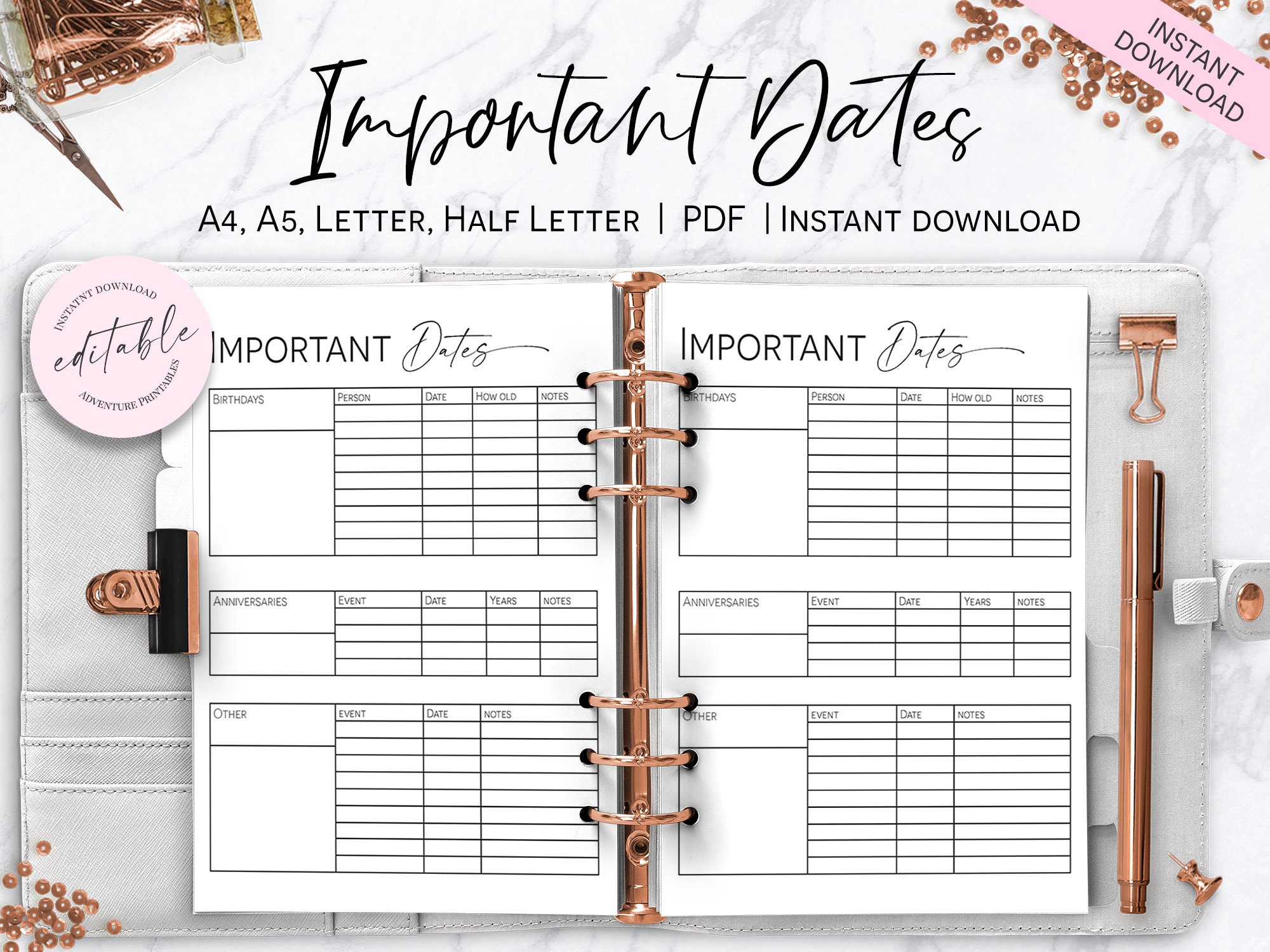 Important Dates Page, Dates to Remember Planner Insert, Happy Planner
