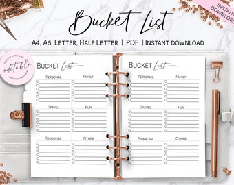 Personal Bucket List, Bucket List Planner Insert