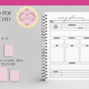 Op de afbeelding: Een printbare essayplanner met secties voor titel, inleiding, hoofdstukken, conclusie en bronnen. De planner is ontworpen in zwart en wit met een eenvoudige, moderne esthetiek.