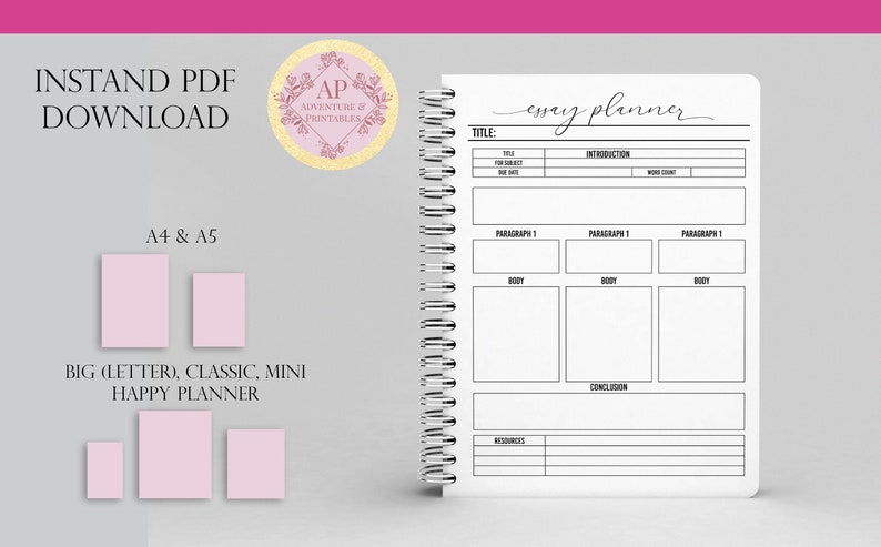 Op de afbeelding: Een printbare essayplanner met secties voor titel, inleiding, hoofdstukken, conclusie en bronnen. De planner is ontworpen in zwart en wit met een eenvoudige, moderne esthetiek.