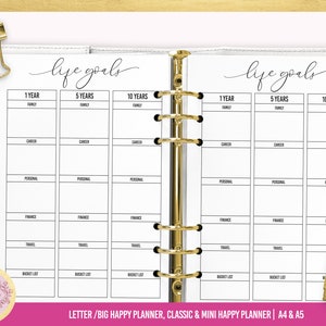 May include: A printable planner page with a black and white design. The page is divided into three columns labeled "1 Year", "5 Years", and "10 Years". Each column has rows for "Family", "Career", "Personal", "Finance", "Travel", and "Bucket List". The page is titled "Life Goals".