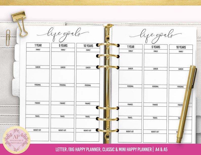 May include: A printable planner page with a black and white design. The page is divided into three columns labeled "1 Year", "5 Years", and "10 Years". Each column has rows for "Family", "Career", "Personal", "Finance", "Travel", and "Bucket List". The page is titled "Life Goals".