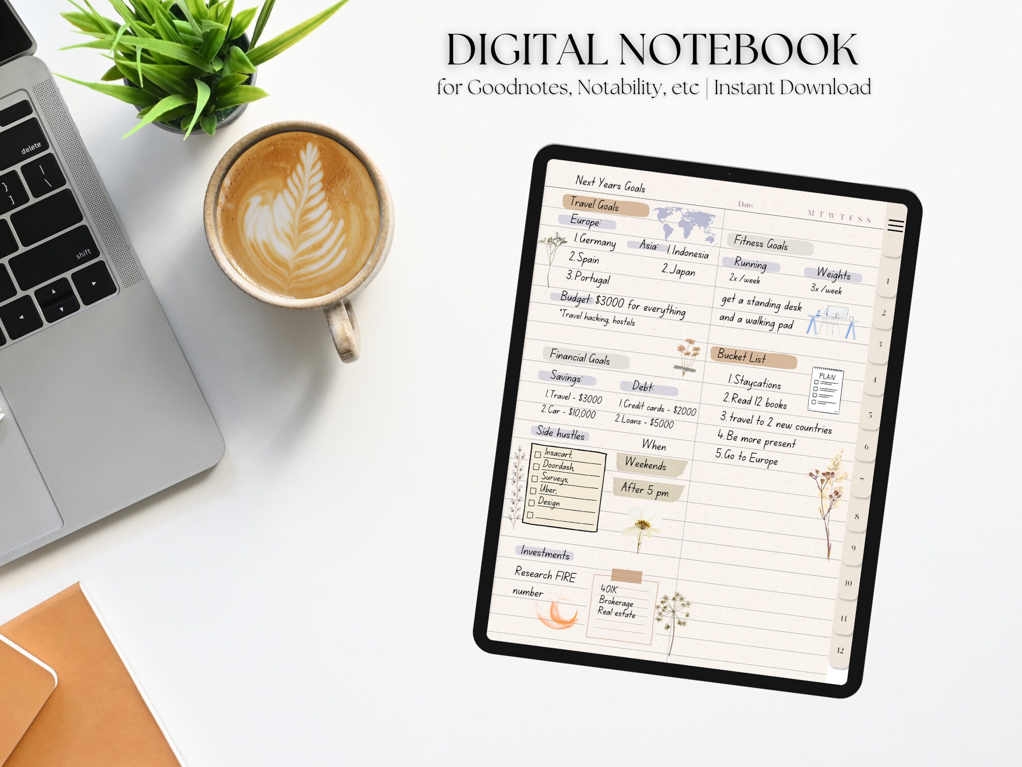 Digital Notebook With 12 Hyperlinked Tabs and 45 Note Templates for ...