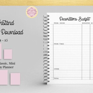 May include: A printable decorations budget planner in A4 and A5 sizes. The planner has sections for house, table, and other items, with columns for budgeted and actual costs.
