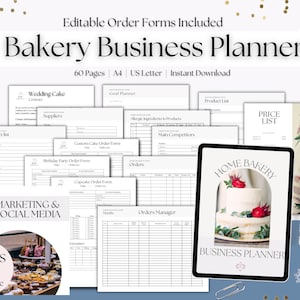 Può includere: Un planner digitale per un'attività di panetteria con 60 pagine. Il planner include moduli d'ordine, un listino prezzi, un elenco di contatti, un planner di obiettivi e una sezione di marketing e social media. La copertina del planner presenta una torta con fiori e il testo "Home Bakery Business Planner".