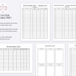 May include: A printable inventory list template for tracking products, packaging materials, and suppliers. The template includes sections for product name, quantity, price, and reorder point. It also includes a section for tracking suppliers, including their contact information and payment terms.