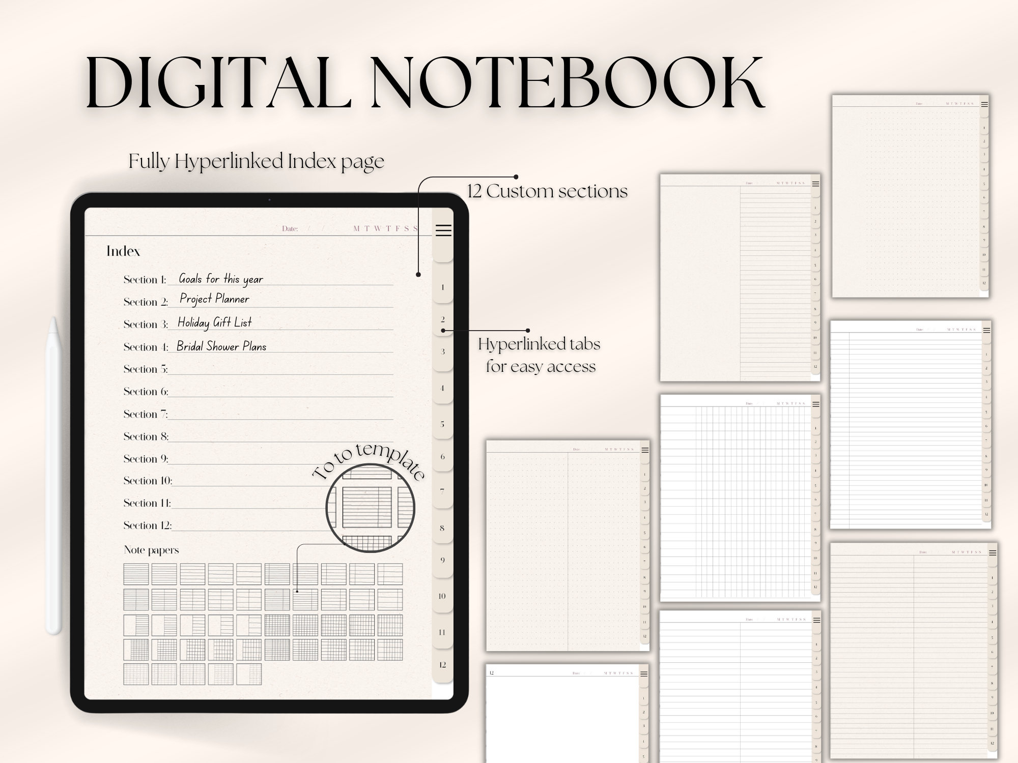 Digital Notebook With 12 Hyperlinked Tabs and 45 Note Templates for ...