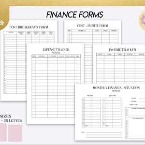 May include: Printable finance forms in black and white with headings for cost breakdown, cost-profit, expense tracker, income tracker, and monthly financial situation. The forms are available in three sizes: A5, A4, and US Letter.