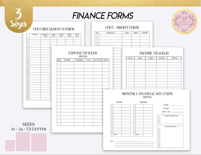 May include: Printable finance forms in black and white with headings for cost breakdown, cost-profit, expense tracker, income tracker, and monthly financial situation. The forms are available in three sizes: A5, A4, and US Letter.