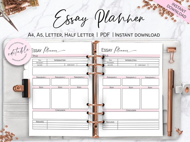 May include: A printable essay planner with a pink and white design. The planner includes sections for title, introduction, paragraphs, body, conclusion, and resources. The text "Essay Planner" is written in cursive at the top of the page.