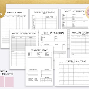 May include: A set of printable planner pages in black and white. The pages include sections for progress tracking, client information, project planning, and an editorial calendar. The pages are available in three sizes: A5, A4, and US Letter.