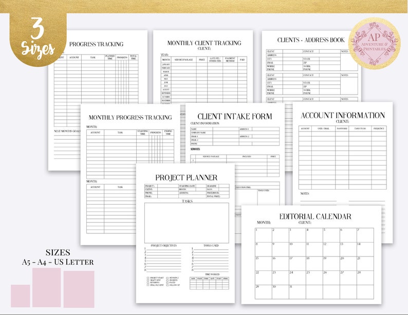 May include: A set of printable planner pages in black and white. The pages include sections for progress tracking, client information, project planning, and an editorial calendar. The pages are available in three sizes: A5, A4, and US Letter.