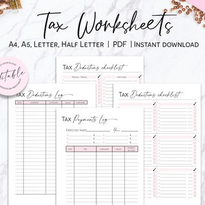 Tax Worksheets, Tax Deductible Expense Log, Tax Deductions Log, Tax Payments Planner