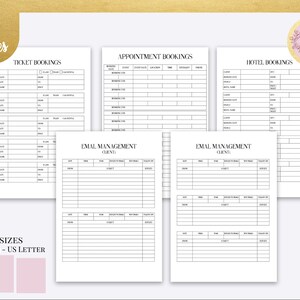 May include: A printable planner with three different sections: Ticket Bookings, Appointment Bookings, and Hotel Bookings. The planner also includes two sections for Email Management. The planner is available in three sizes: A5, A4, and US Letter.