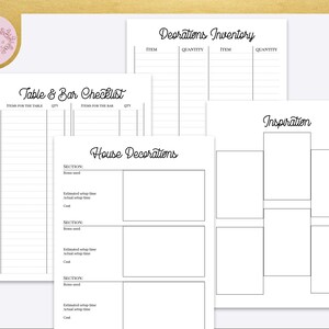 May include: Printable checklist and inventory forms for party planning. Includes sections for table and bar items, decorations inventory, and inspiration boards.