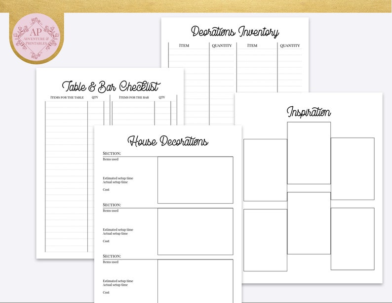 May include: Printable checklist and inventory forms for party planning. Includes sections for table and bar items, decorations inventory, and inspiration boards.
