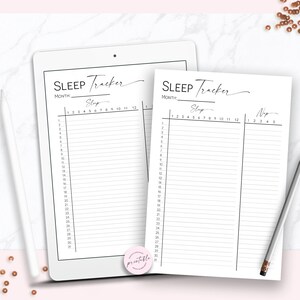 May include: Two printable sleep tracker sheets with a black and white design. The sheets are labeled "SLEEP Tracker" and have a section for each month. The sheets are designed to help you track your sleep patterns.