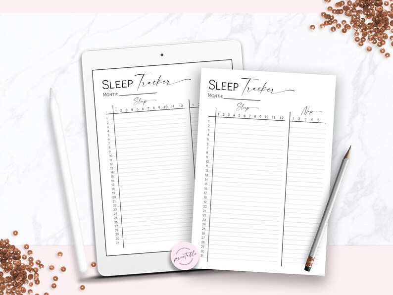 May include: Two printable sleep tracker sheets with a black and white design. The sheets are labeled "SLEEP Tracker" and have a section for each month. The sheets are designed to help you track your sleep patterns.