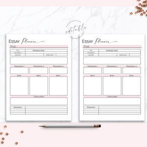 May include: Two printable essay planner pages with pink headings and lines for writing. The pages are titled "Essay Planner" and include sections for title, introduction, body paragraphs, conclusion, and resources.