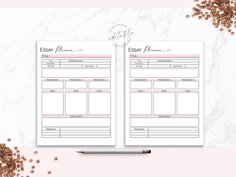 May include: Two printable essay planner pages with pink headings and lines for writing. The pages are titled "Essay Planner" and include sections for title, introduction, body paragraphs, conclusion, and resources.