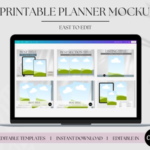 Editable Printable Planner Listing Image Templates, Printable Planner Mockup Template Editable in Canva for Etsy Sellers