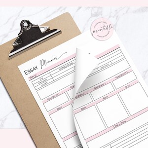 May include: A printable essay planner with sections for title, introduction, paragraphs, body, and conclusion. The planner has pink and black accents.