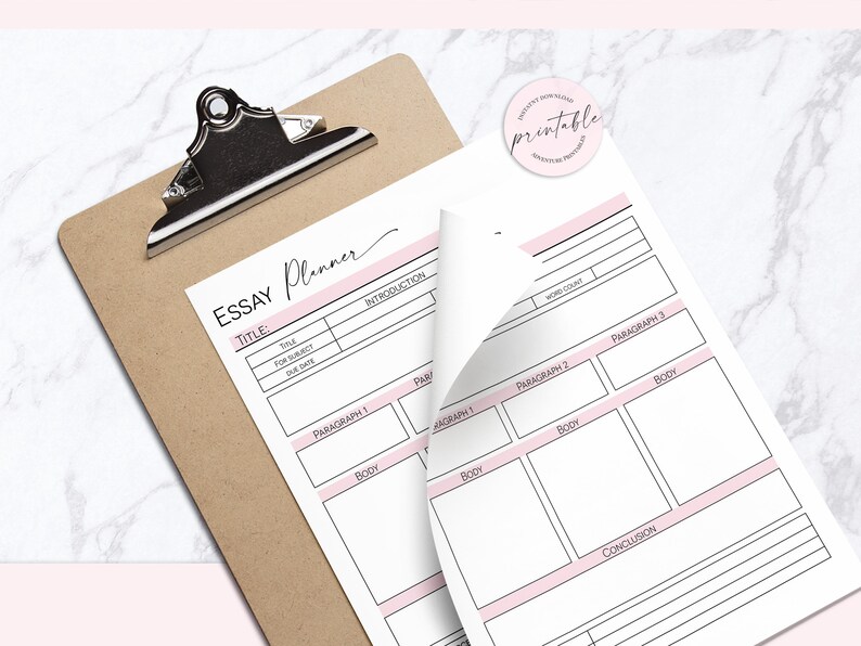 May include: A printable essay planner with sections for title, introduction, paragraphs, body, and conclusion. The planner has pink and black accents.