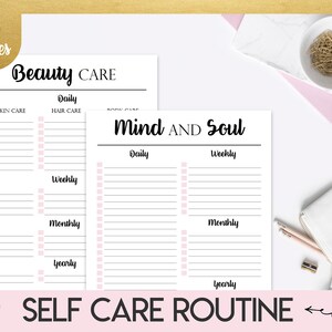 K&ouml;nnte beinhalten: Druckbare Checkliste f&uuml;r die Selbstpflege-Routine mit Abschnitten f&uuml;r Sch&ouml;nheitspflege, Geist und Seele. Die Checkliste enth&auml;lt t&auml;gliche, w&ouml;chentliche, monatliche und j&auml;hrliche Aufgaben.