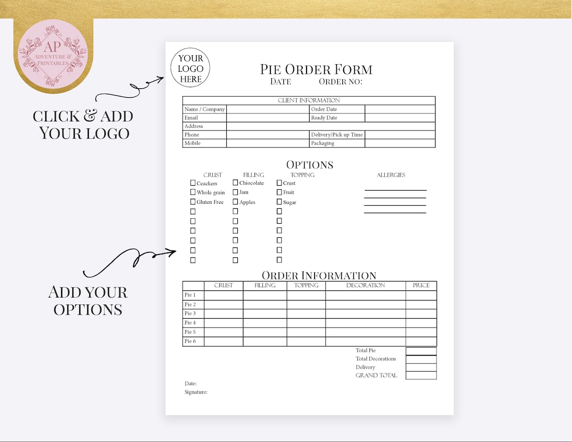 Pie Order Form Editable Bakery Forms Custom Pie Order Form Etsy Australia