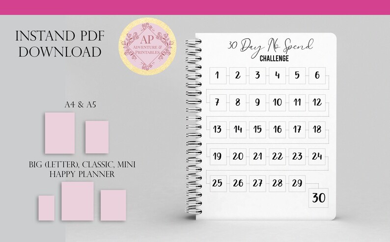 May include: A printable 30-day no-spend challenge planner with a white background and black text. The planner is divided into 30 squares, each with a number from 1 to 30. The text "30 Day No Spend Challenge" is at the top of the planner.