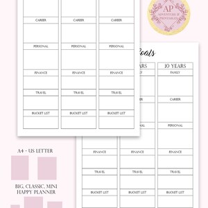 May include: Printable life goals planner with sections for 1, 5, and 10 years. The planner includes categories for family, career, personal, finance, travel, and bucket list.