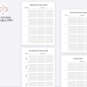 May include: Printable A4 letter-sized PDF with four lists for organizing gift tags: Holiday, Seasonal, Events, and General Tags. Each list has columns for the occasion and tag ideas.