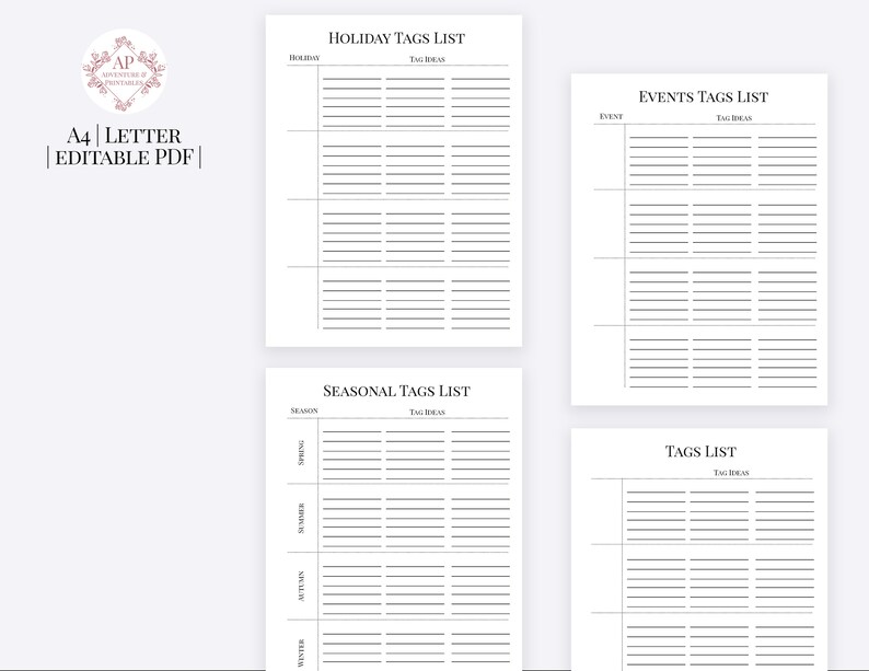 May include: Printable A4 letter-sized PDF with four lists for organizing gift tags: Holiday, Seasonal, Events, and General Tags. Each list has columns for the occasion and tag ideas.