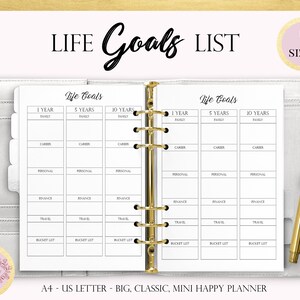 May include: A printable life goals list planner page with sections for 1 year, 5 years, and 10 years. The page is divided into categories: family, career, personal, finance, travel, and bucket list.