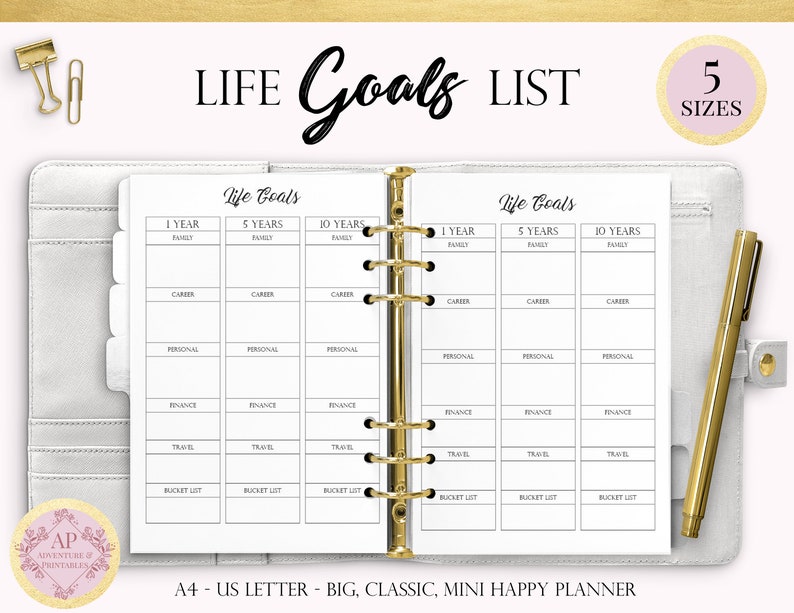 May include: A printable life goals list planner page with sections for 1 year, 5 years, and 10 years. The page is divided into categories: family, career, personal, finance, travel, and bucket list.