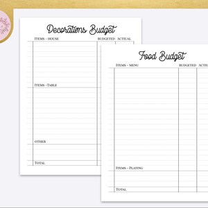 May include: Printable budget planner for a party or event. The planner is divided into two sections: Decorations Budget and Food Budget. Each section has columns for items, budgeted amount, and actual amount spent.