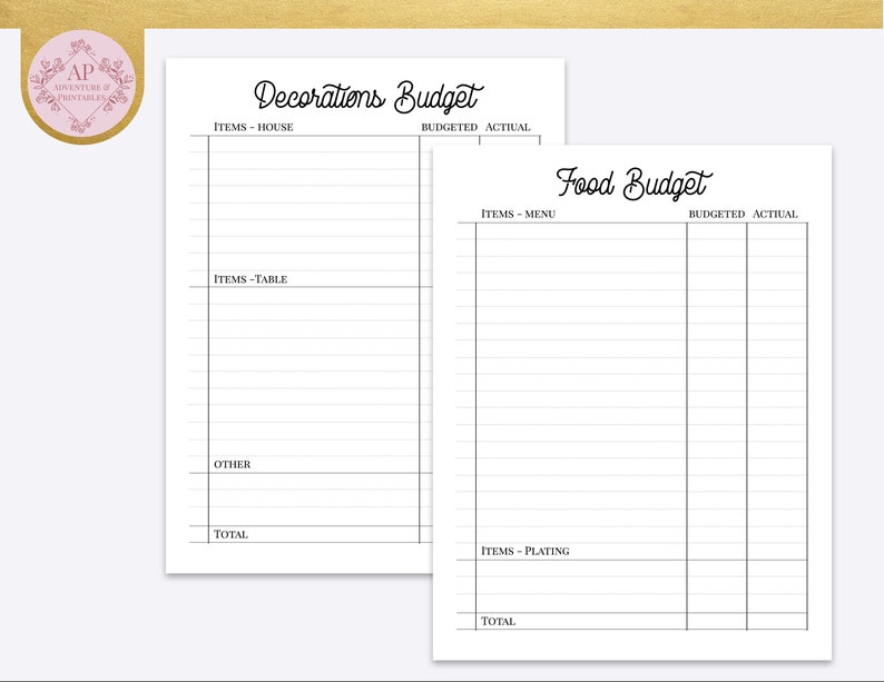 May include: Printable budget planner for a party or event. The planner is divided into two sections: Decorations Budget and Food Budget. Each section has columns for items, budgeted amount, and actual amount spent.
