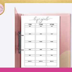 May include: A printable life goals planner with a pink and beige binder. The planner is divided into three sections: 1 year, 5 years, and 10 years. Each section has categories for family, career, personal, finance, travel, and bucket list.