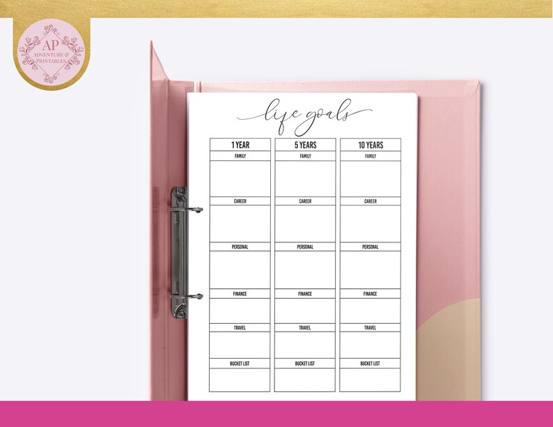 May include: A printable life goals planner with a pink and beige binder. The planner is divided into three sections: 1 year, 5 years, and 10 years. Each section has categories for family, career, personal, finance, travel, and bucket list.