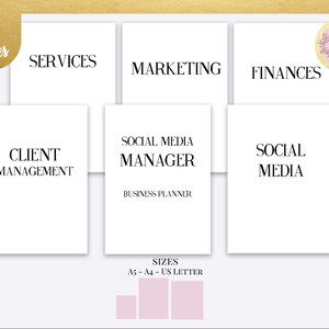 May include: A printable planner template with three columns labeled "Services", "Marketing", and "Finances". The middle column has the text "Social Media Manager" and "Business Planner". The bottom of the image shows three sizes: A5, A4, and US Letter.