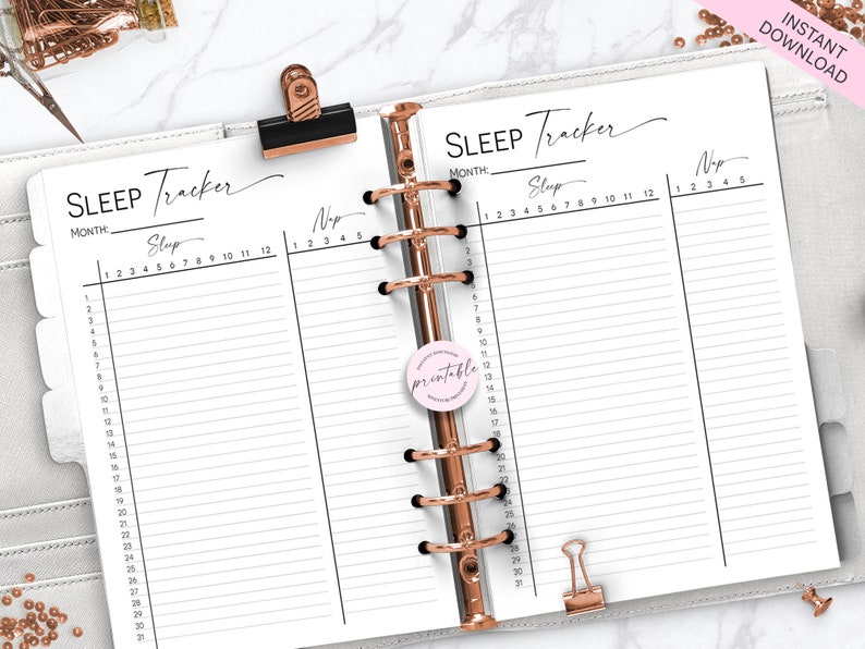 May include: A printable sleep tracker with two columns, one for sleep and one for naps. The tracker is designed for a monthly overview and includes numbers 1-31 for days of the month and 1-12 for hours of sleep. The tracker is labeled "SLEEP Tracker" at the top.