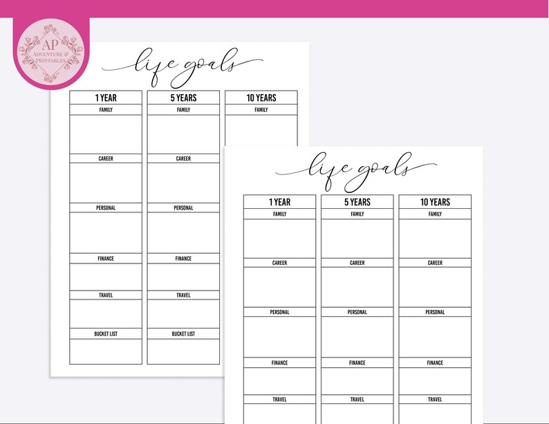 May include: Printable life goals planner with sections for family, career, personal, finance, travel, and bucket list goals. The planner is divided into three sections: 1 year, 5 years, and 10 years.