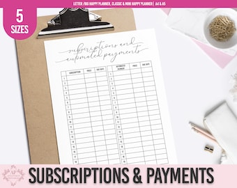 Subscriptions Tracker, Automated Payments Tracker, Expense Tracker Planner Insert