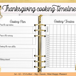 May include: A printable Thanksgiving cooking timeline planner with sections for prepping the night before, prepping in the morning, cooking the main dishes, and making dessert. The planner also includes a grid for scheduling dishes by time, from 8 AM to 10 PM.