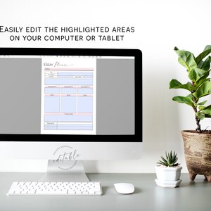 May include: A computer screen displaying an editable essay planner template. The template has sections for title, introduction, body paragraphs, conclusion, and resources. The screen is on a desk with a keyboard, mouse, and two potted plants.