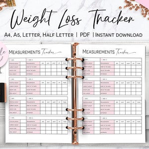 May include: Printable weight loss tracker with a pink and white design. The tracker includes sections for recording measurements, starting weight, current weight, goal weight, and weight loss. The text "MEASUREMENTS Tracker" is written in cursive at the top of the page.