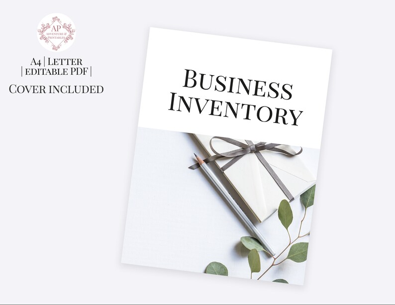 May include: A white sheet of paper with the text "BUSINESS INVENTORY" printed in black. A white envelope with a gray ribbon tied around it is on top of the paper. A pencil is lying on the paper next to the envelope. A sprig of green leaves is on the right side of the image.