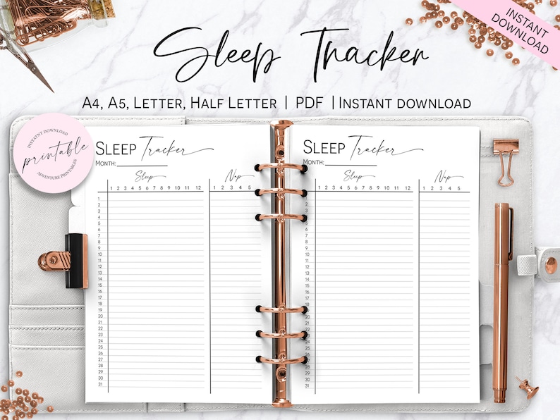 May include: A printable sleep tracker with two columns, one for sleep and one for naps. The tracker has a space for the month and a numbered grid for tracking hours. The text "SLEEP Tracker" is written at the top of the page.