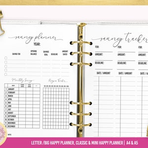 May include: A printable planner page for tracking savings goals. The page includes sections for monthly savings, progress tracker, and a savings tracker with space to list savings goals, deadlines, and amounts.