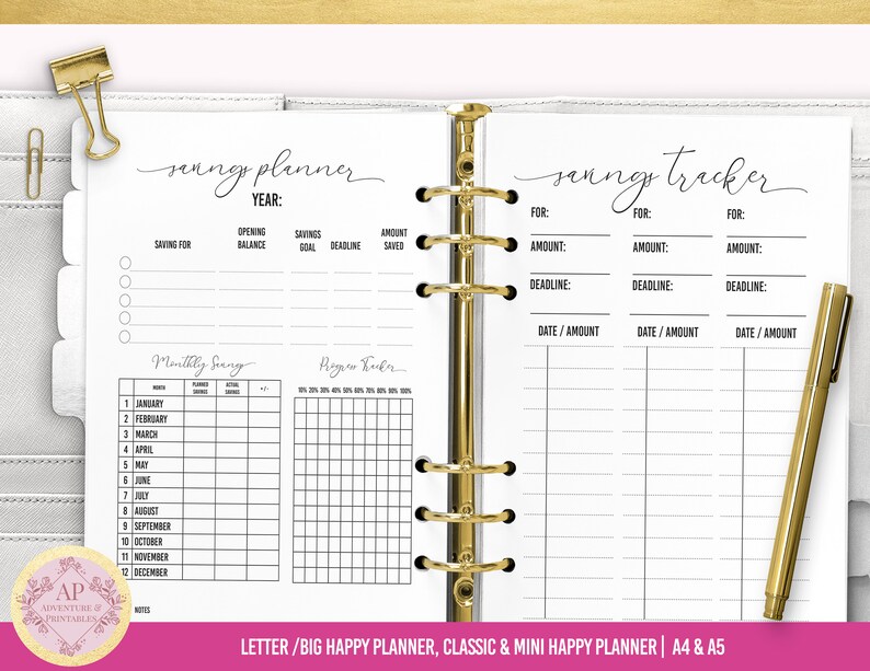 May include: A printable planner page for tracking savings goals. The page includes sections for monthly savings, progress tracker, and a savings tracker with space to list savings goals, deadlines, and amounts.